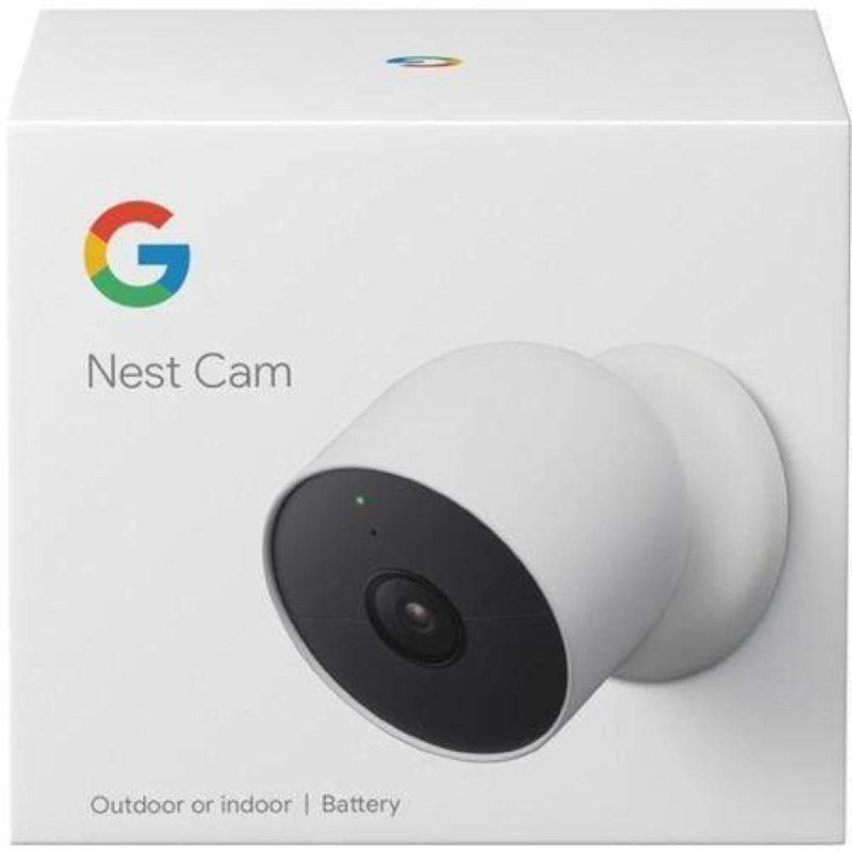 Weiße Google Nest Cam mit Box, für drinnen oder draußen, Batterie.