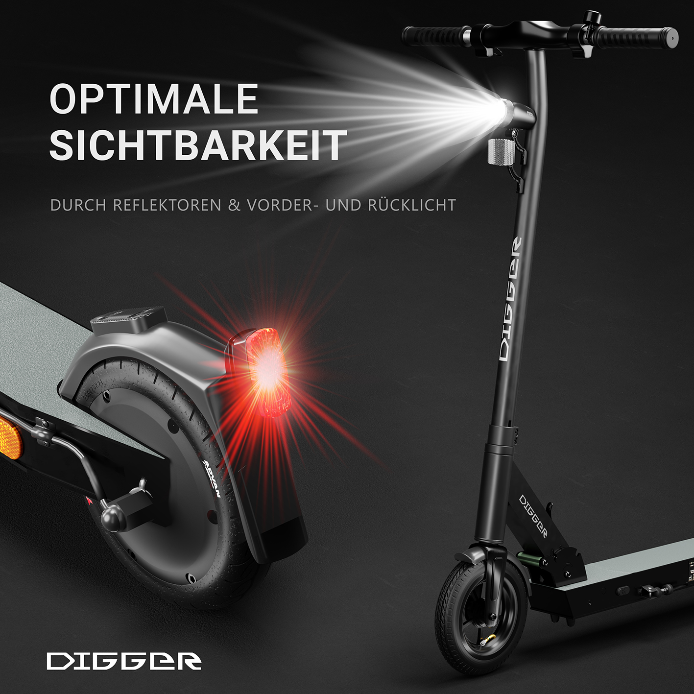 ES1 Schwarz) DIGGER E-Scooter (8 Elektro-Scooter Zusammenklappbarer Straßenzulassung, Bremssystem DIGGER mit Zoll, Duales - 20 km/h,