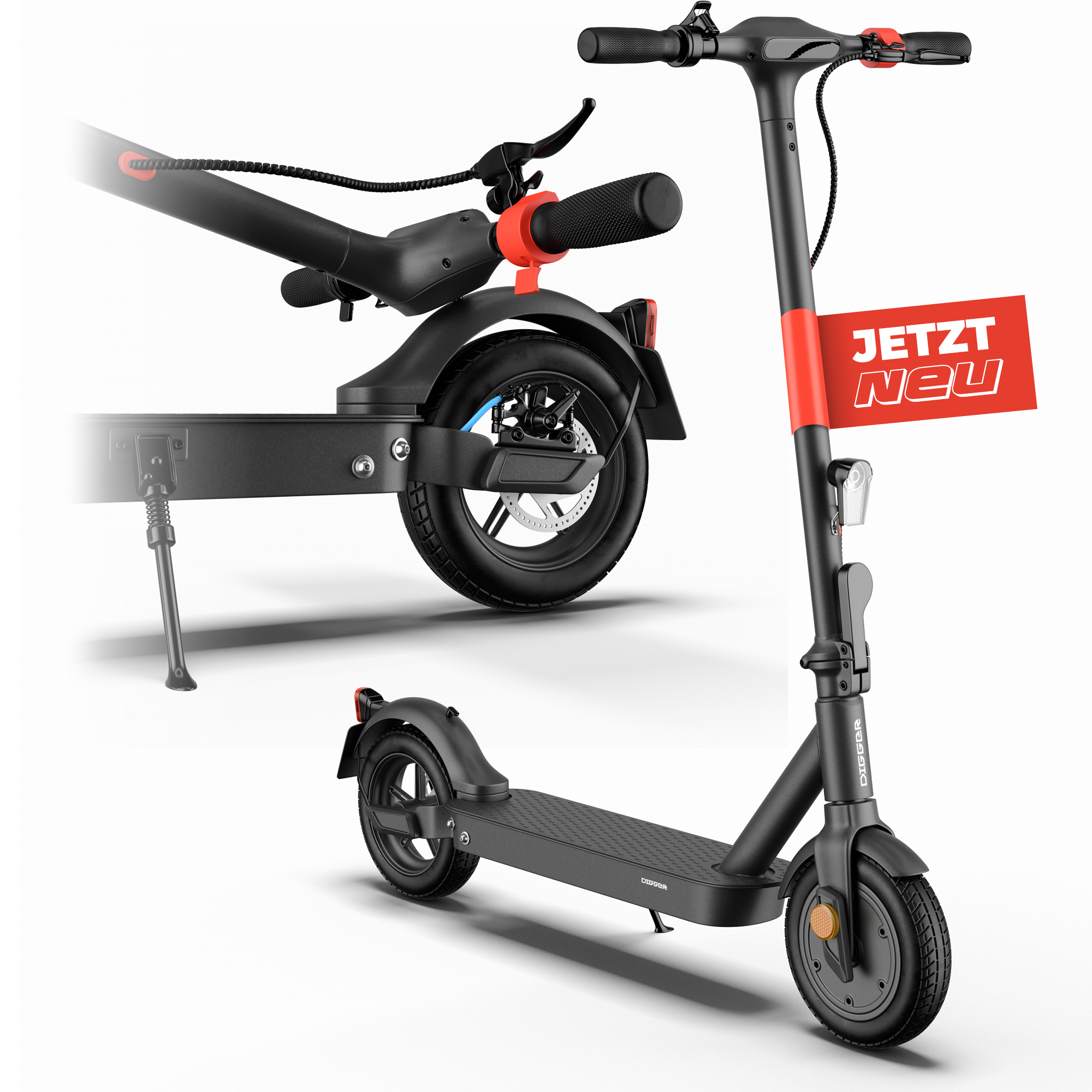 Schwarz-roter Elektroroller. Mit 'JETZT Neu' Schild, in zwei Ansichten gezeigt.