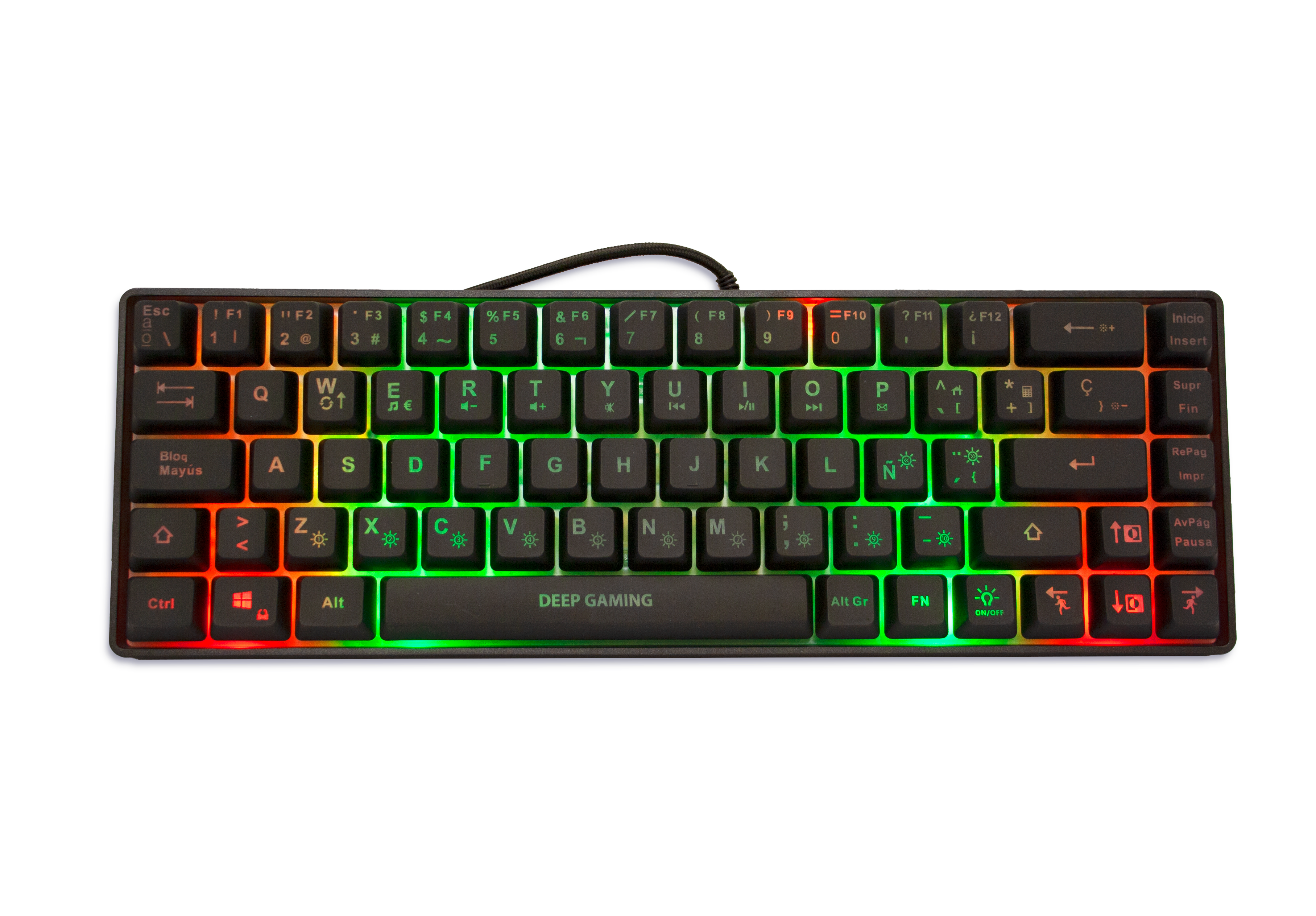 Una tastiera Deep Gaming nera con tasti e luci multicolori.