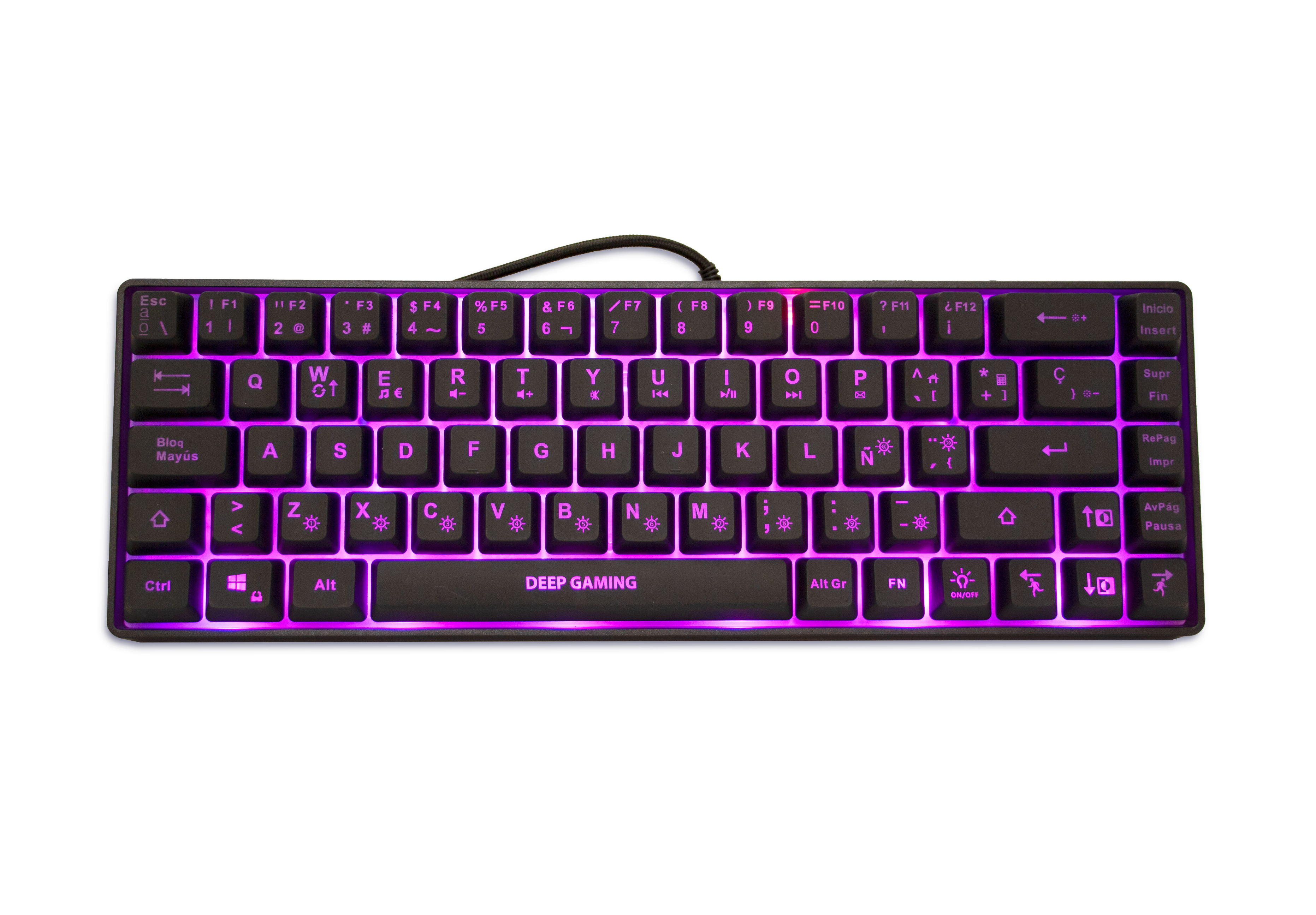 Tastiera Deep Gaming nera con tasti retroilluminati viola, vista dall'alto.