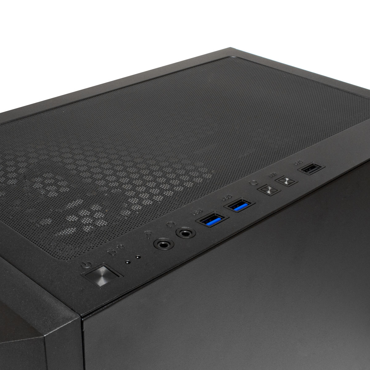 Un primo piano di un case per computer nero. Mostra il pulsante di accensione, USB e porte audio.