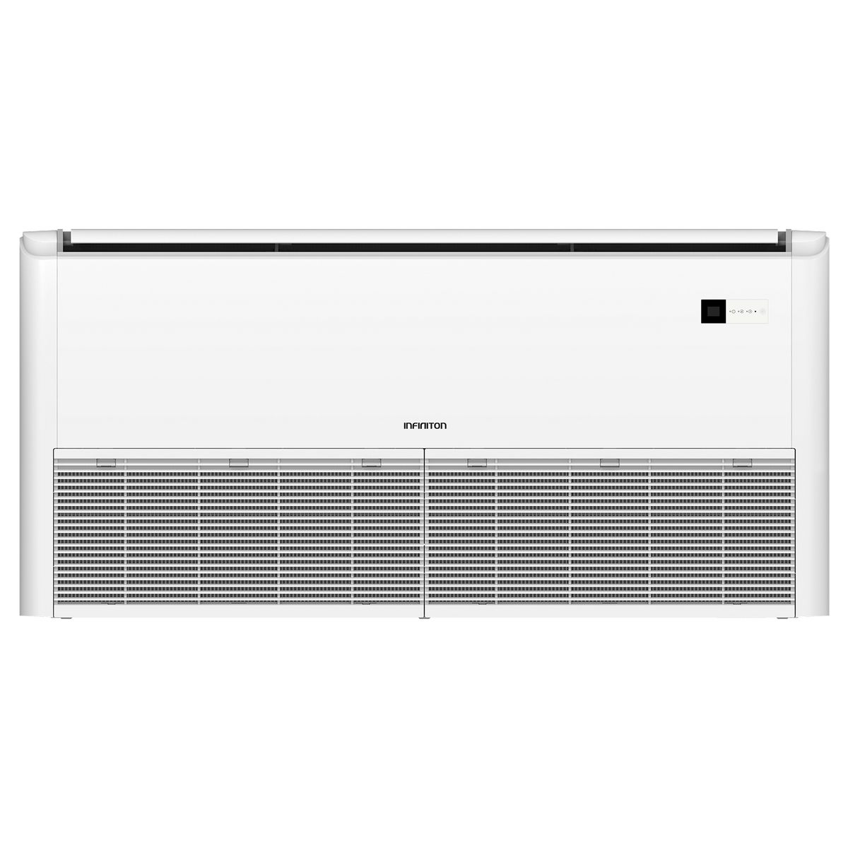 Un aire acondicionado blanco, rectangular con rejillas de ventilación y un pequeño panel de control, contra blanco.
