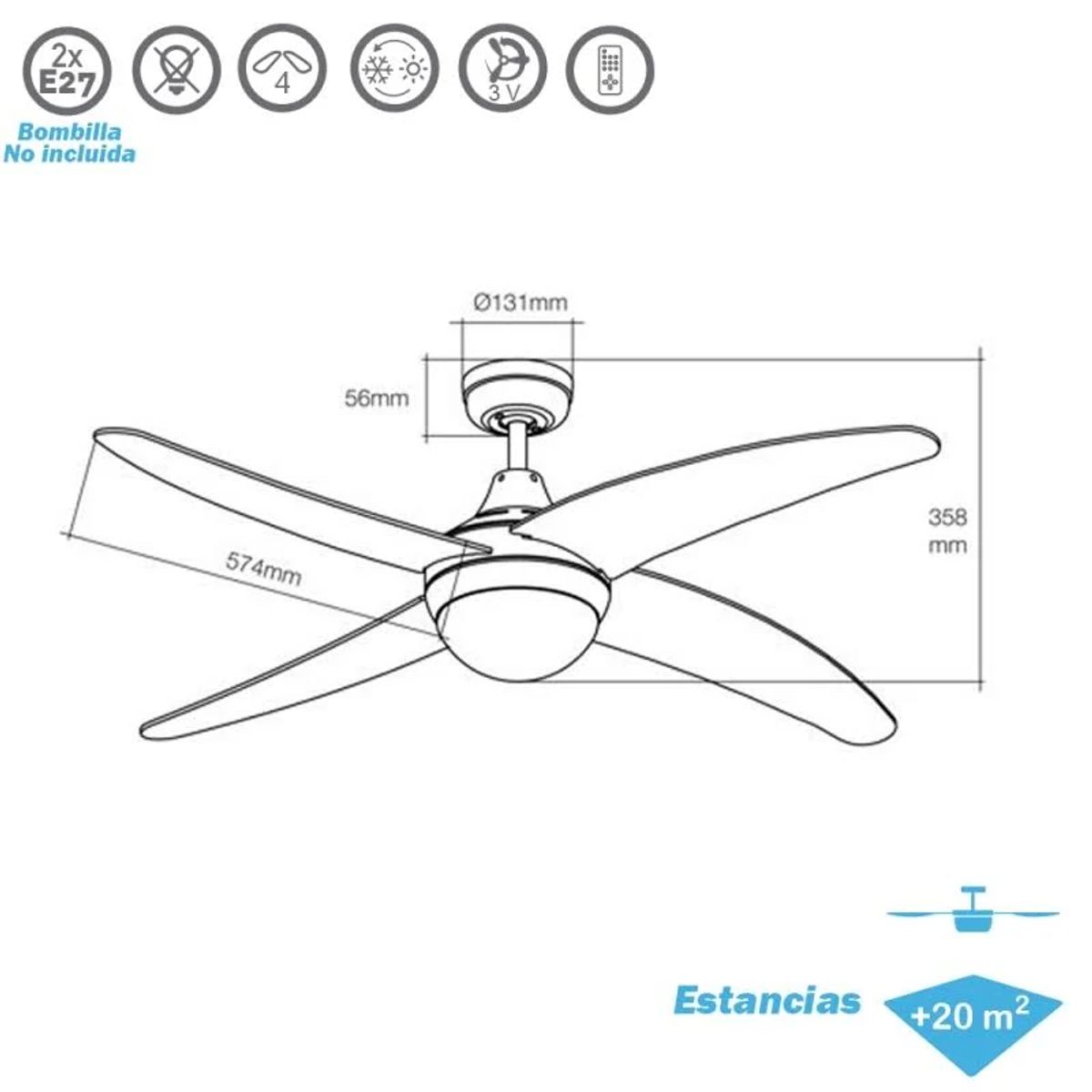 Un diagramma di un ventilatore da soffitto con dimensioni e caratteristiche per l'installazione.