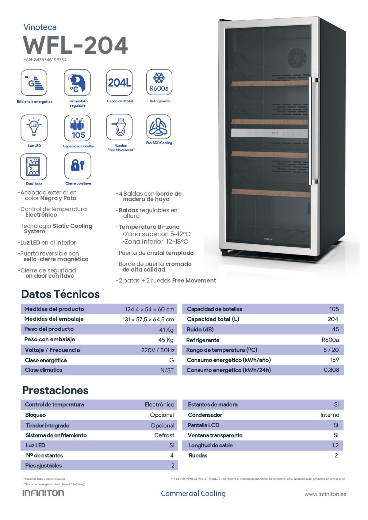 Vinoteca Infiniton con estantes y pantalla digital. Exterior blanco con detalles negros y madera.