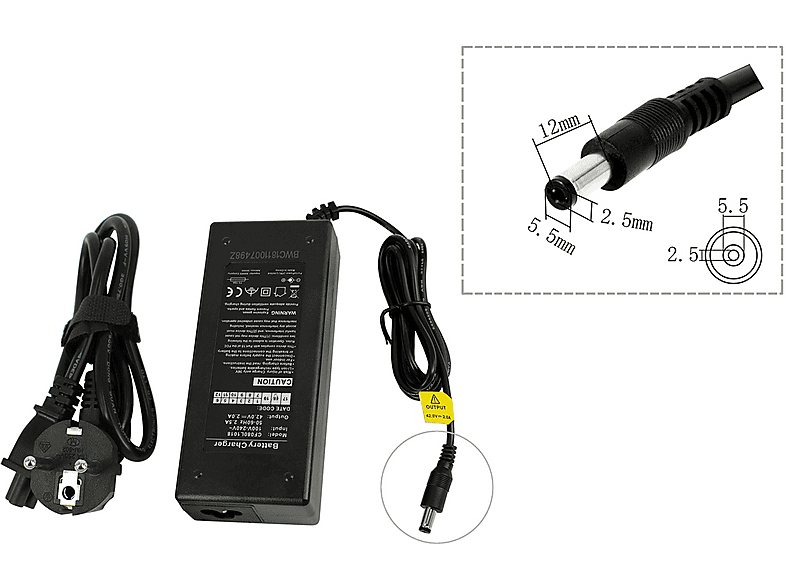 POWERSMART 2A für MoovWay S10 BLACK, MoovWay S10 BLACK, KUGOO S1, S1 PRO, M2 PRO E-Bike Ladegerät Universal, 36 Volt, Schwarz