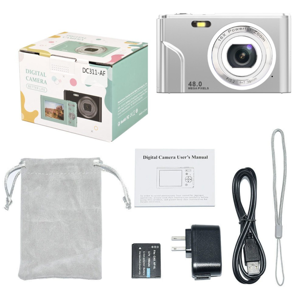 Srebrny aparat cyfrowy z akcesoriami, w tym pudełkiem, woreczkiem, ładowarką i kablem USB.