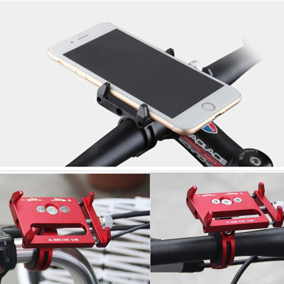 Ein Telefon an einem Fahrradlenker montiert. Die Halterung ist rot und schwarz. Zwei Ansichten.