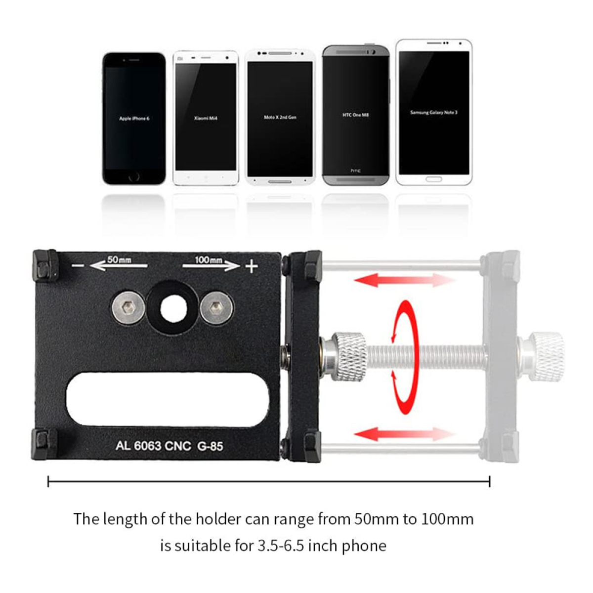 Telefonhalter mit mehreren Telefonen oben. Der Halter ist schwarz und hat verstellbare Teile.