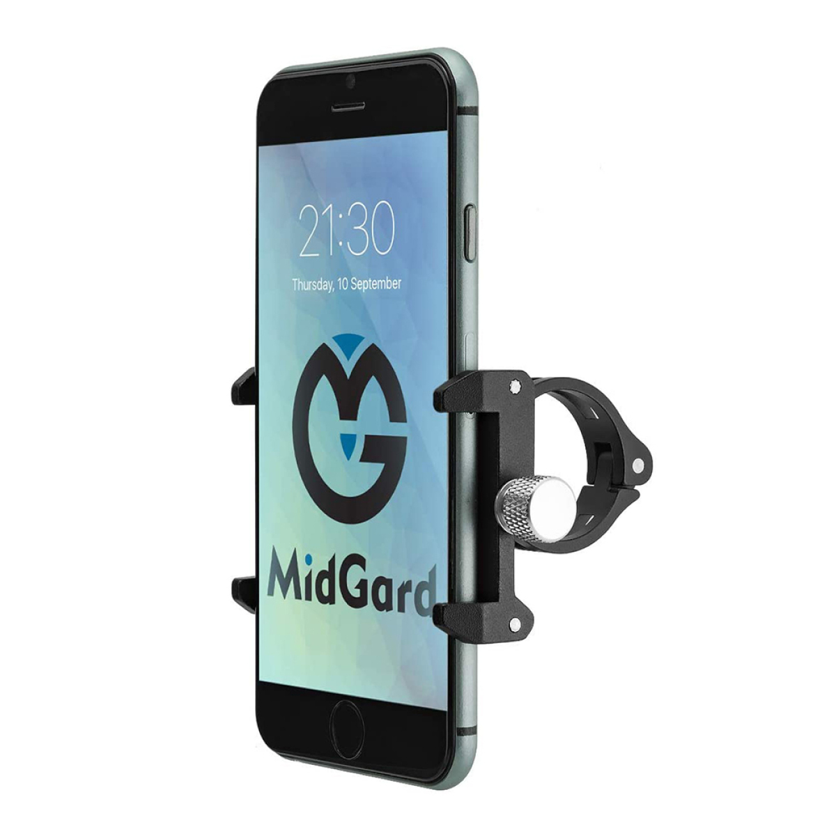 Schwarzes Telefon an einer schwarzen Halterung befestigt. Telefon zeigt Zeit und MidGard-Logo.