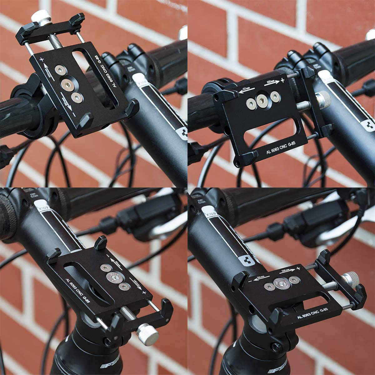 Vier Nahaufnahmen eines schwarzen Telefonhalters an einem Fahrradlenker.