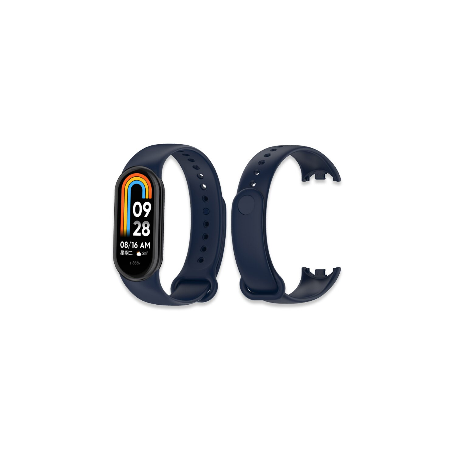Ein dunkelblaues Smartband mit Digitalanzeige, die Zeit und Datum zeigt, und einem abgenommenen Armband.