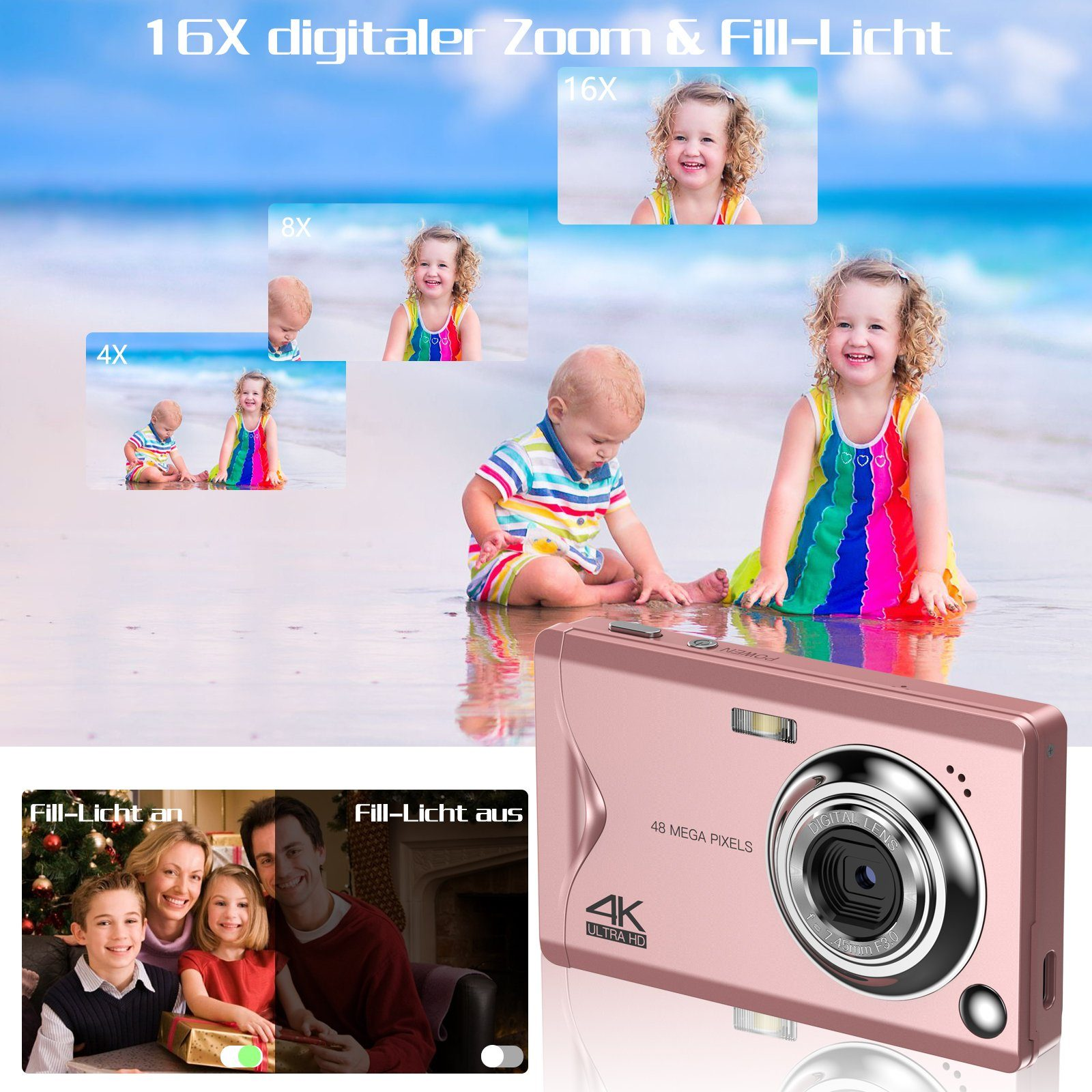 LINGDA 16-facher Digitalzoom 48 Kompaktkamera Fotoauflösung – Rosa MP