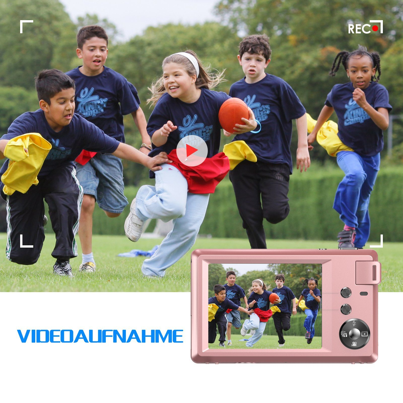 Eine rosa Kamera zeigt ein Video von Kindern, die rennen. Kinder in blauen Hemden rennen.