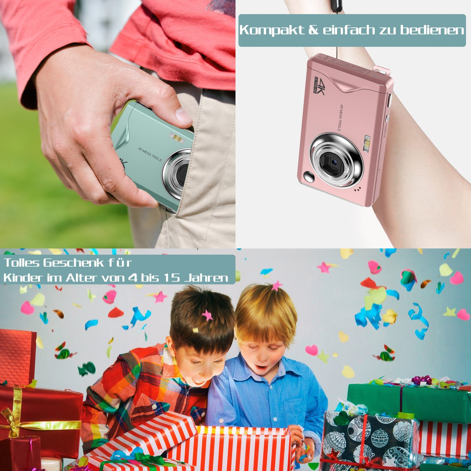 Zwei Kinder öffnen ein Geschenk. Rosa Kamera in der Tasche. Text: 'Tolles Geschenk für Kinder im Alter von 4-15 Jahren.'