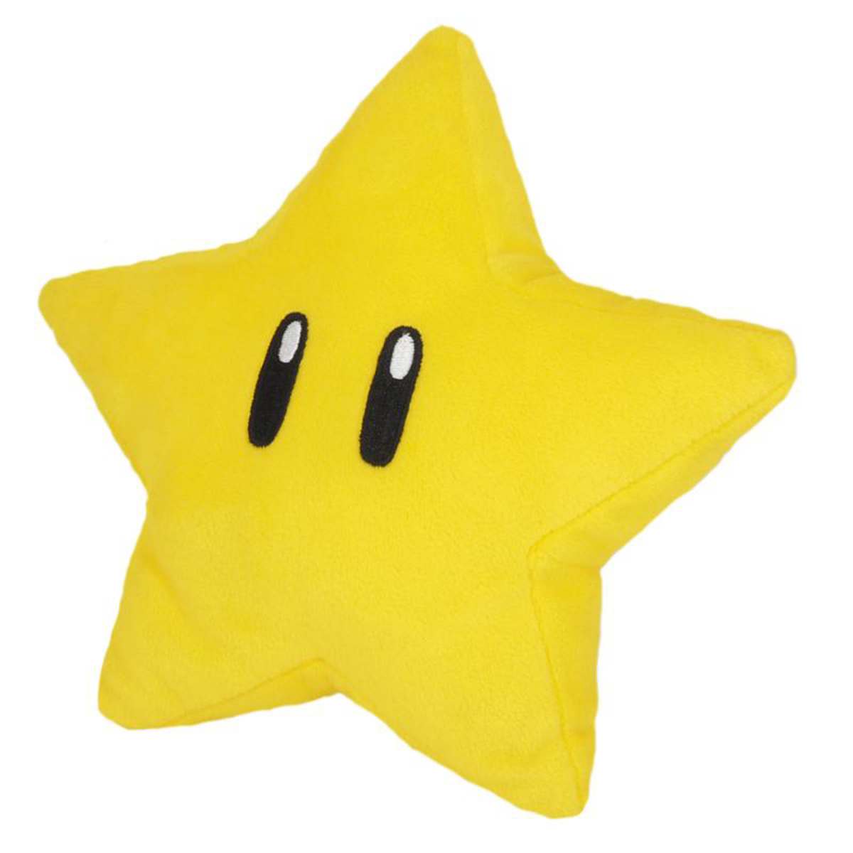Una almohada amarilla en forma de estrella con ojos negros y una boca sonriente, sobre fondo blanco.