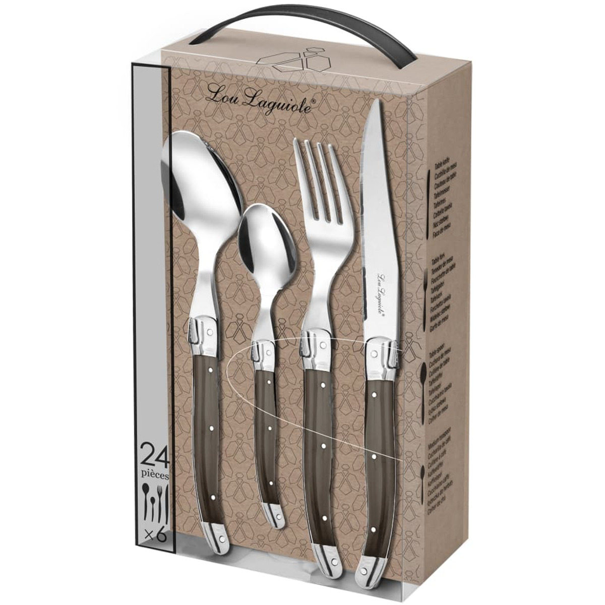 Verpacktes Set von Lou Laguiole Silberwaren: Löffel, Gabeln und Messer.