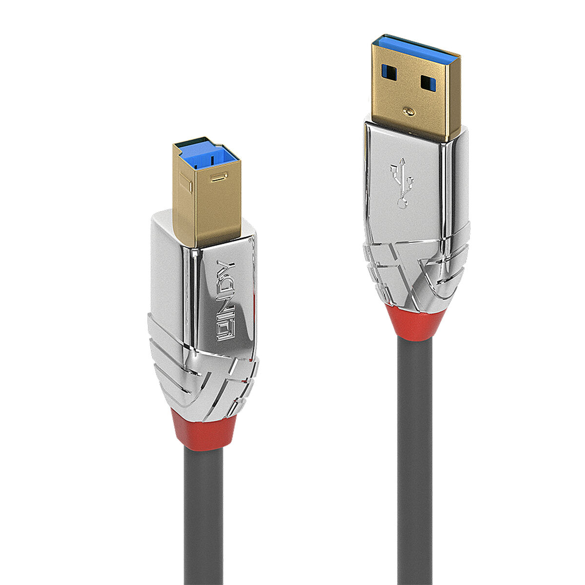 Deux câbles USB, argent et or, câble noir, fond blanc.
