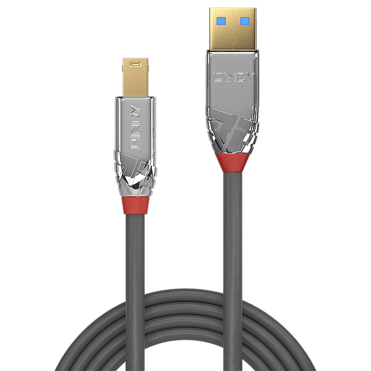 Câble USB vers Mini-USB avec connecteurs métalliques et câble gris.