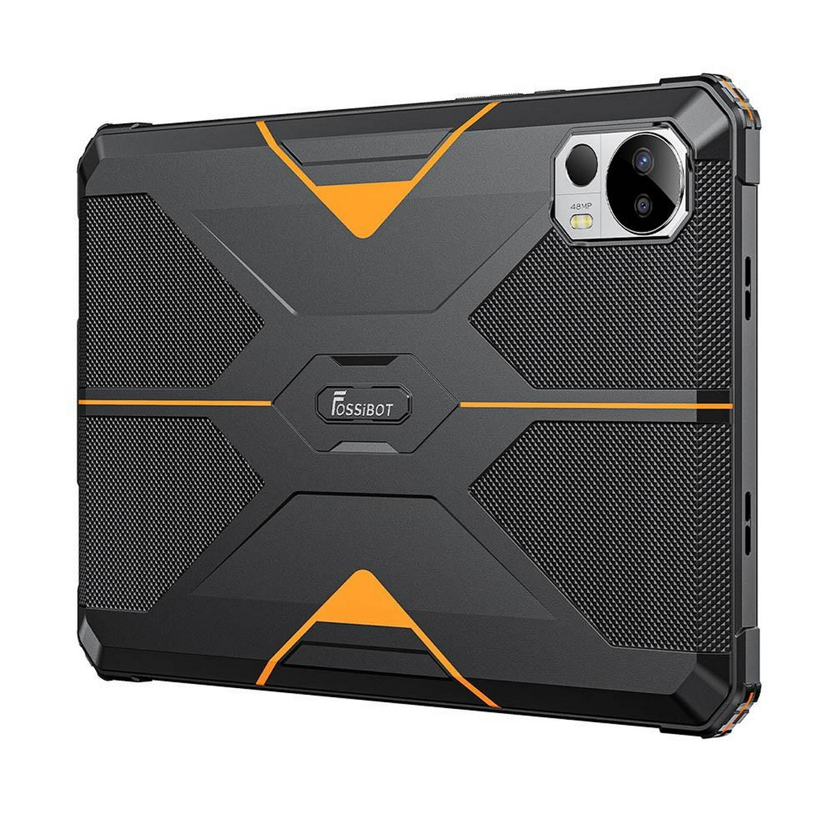 Czarny tablet w wytrzymałym etui z pomarańczowymi akcentami i aparatem. Tablet jest pod kątem. Białe tło.