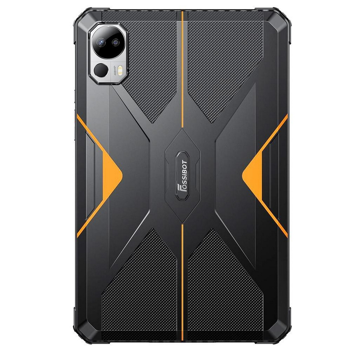 Czarny tablet z pomarańczowymi akcentami i aparatem. Ciemne tło.