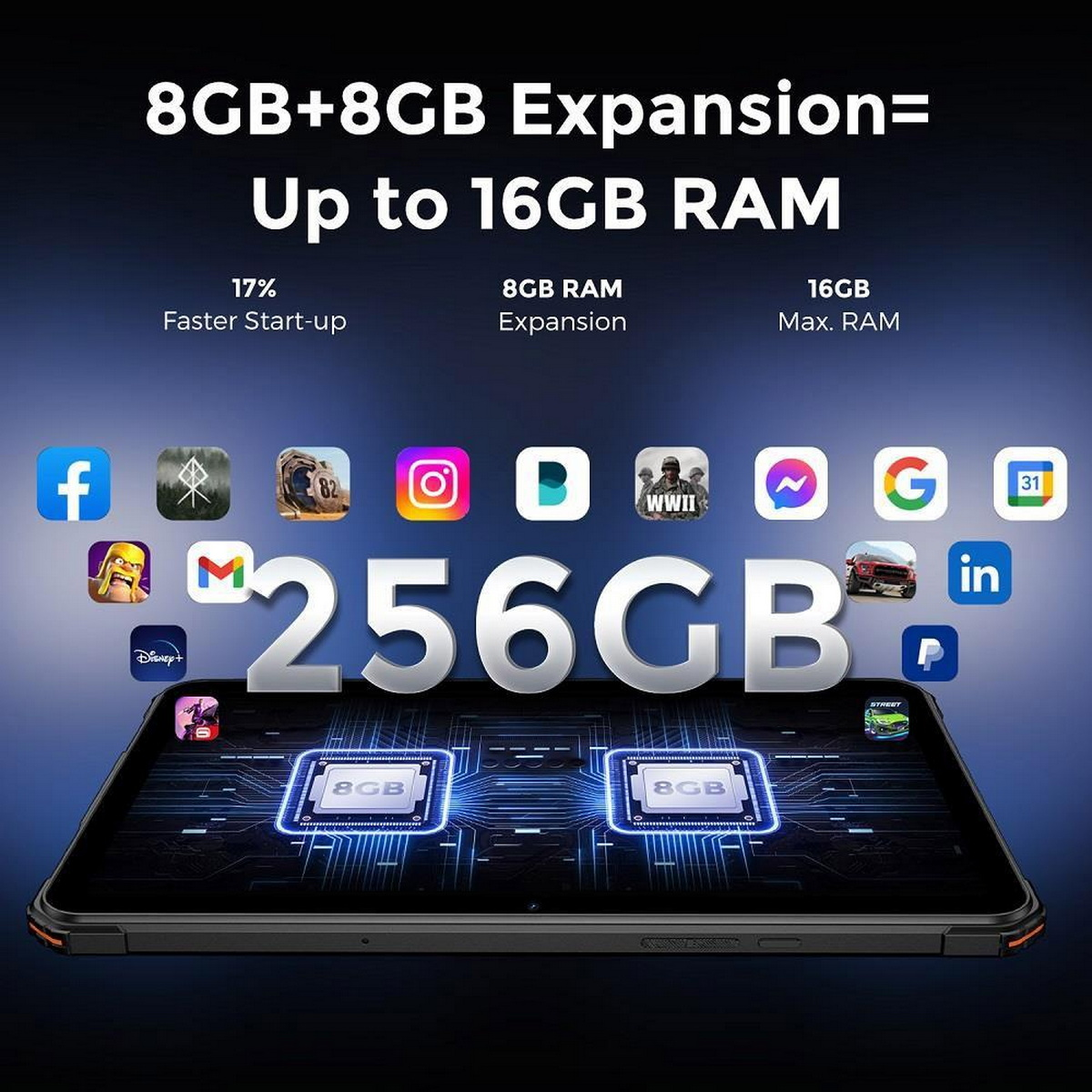 Telefon mit App-Symbolen auf dem Bildschirm, Text 256GB.