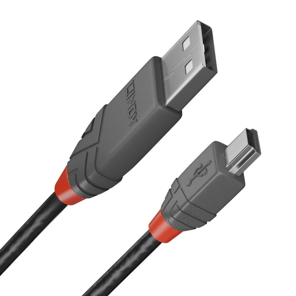 USB naar micro-USB-kabel, zwart en rood, met een witte achtergrond.