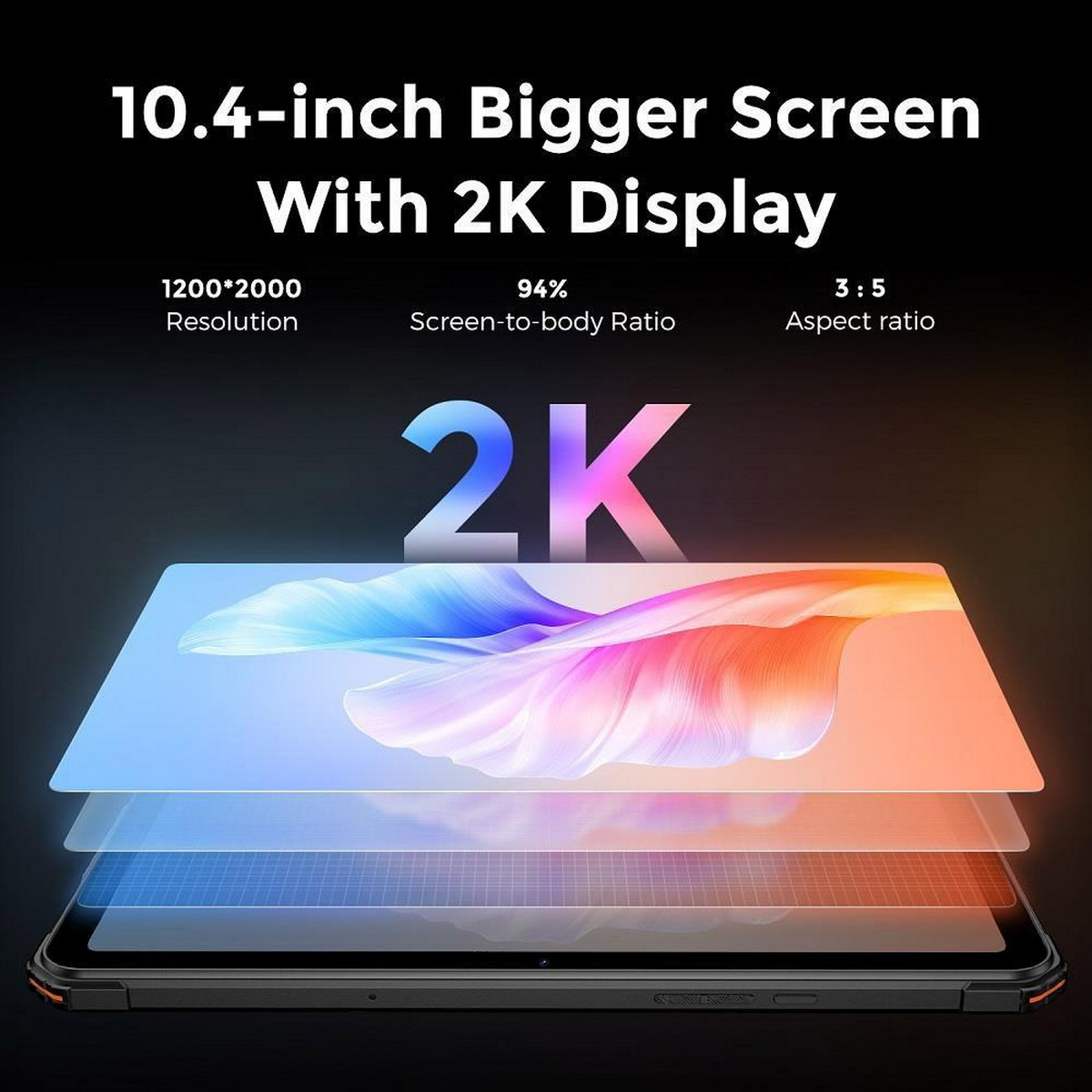 Tablet pokazujący wyświetlacz 2K. Obraz pokazuje warstwowe grafiki z tekstem '2K'.