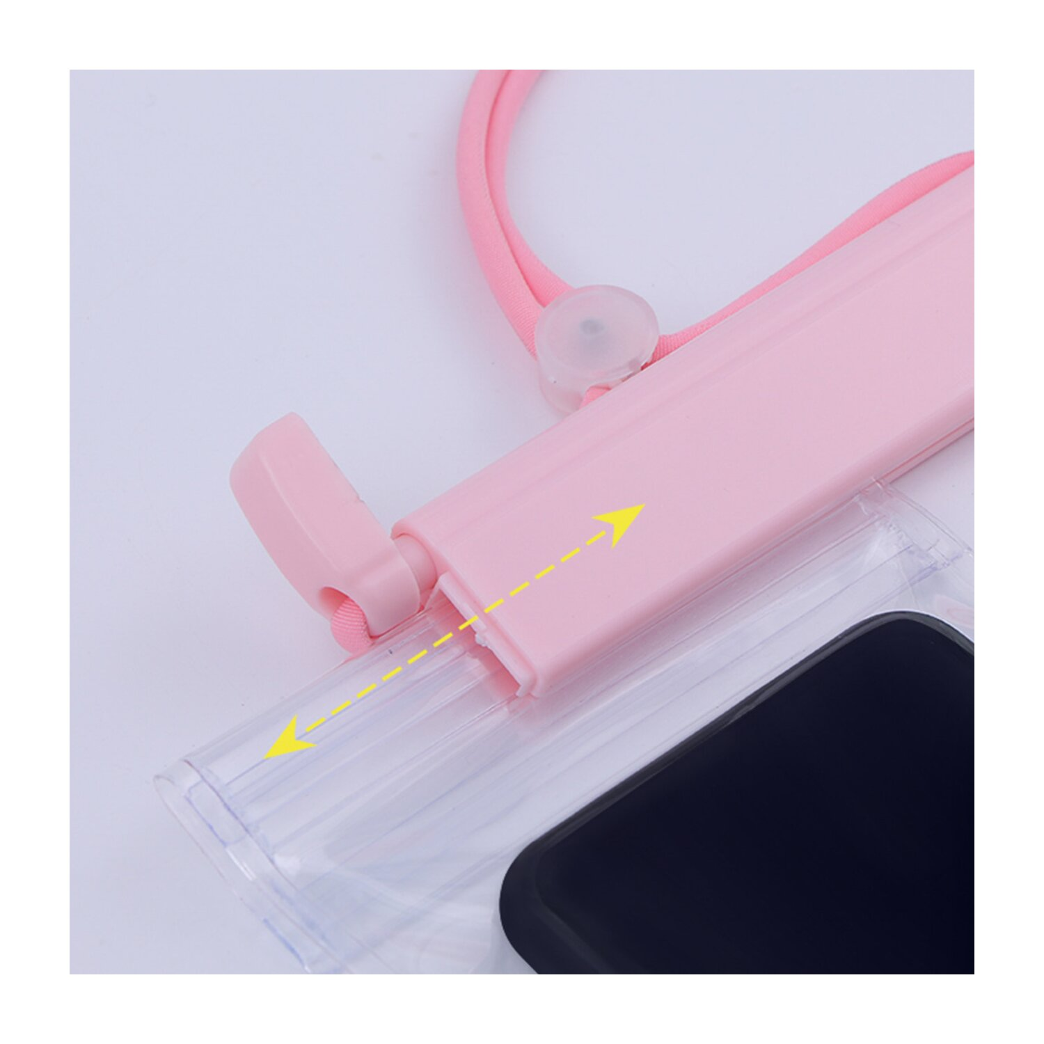 Eine rosa wasserdichte Handyhülle mit pinkfarbenem Umhängeband und einem schwarzen Handy.