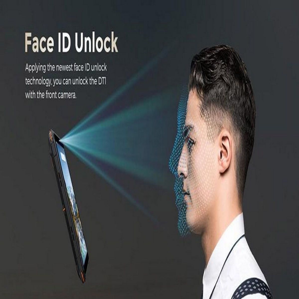 Osoba korzystająca z technologii odblokowywania za pomocą rozpoznawania twarzy na czarnym tablecie.