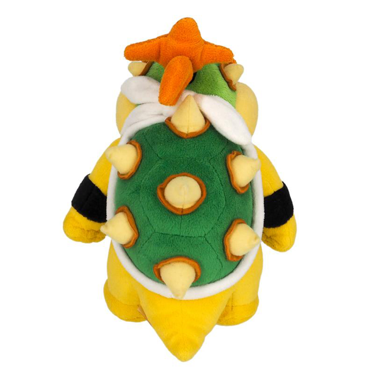 Bowser-Plüschtier, gelber Körper, grüner Panzer, orangefarbenes Haar, weißer Kragen.