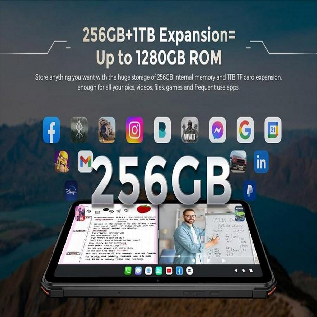 Tablet z interfejsem, z tekstem i ikonami. Tekst brzmi '256GB' i 'Up to 1280GB'.