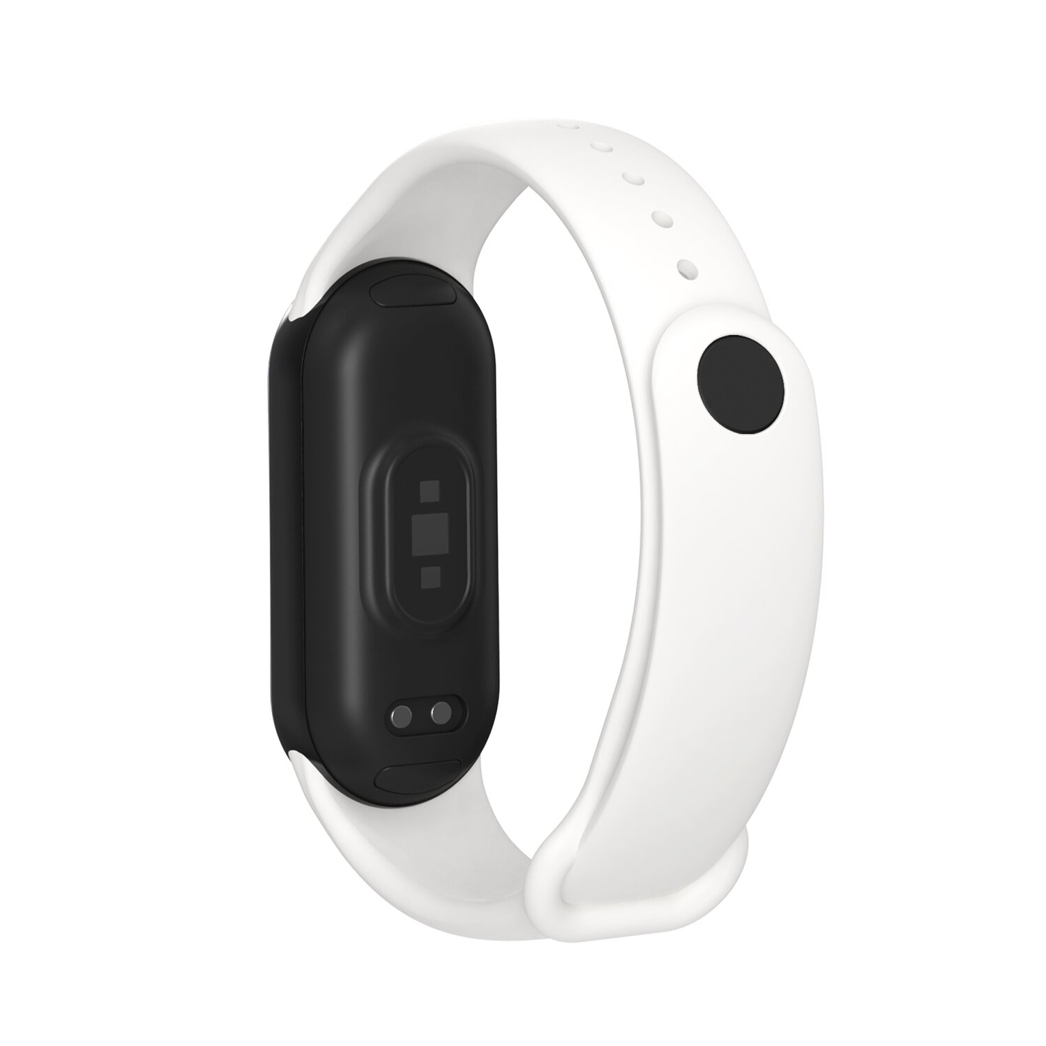 Ein weißer Fitnesstracker mit schwarzem Bildschirm. Das Band ist weiß, die Rückseite schwarz.