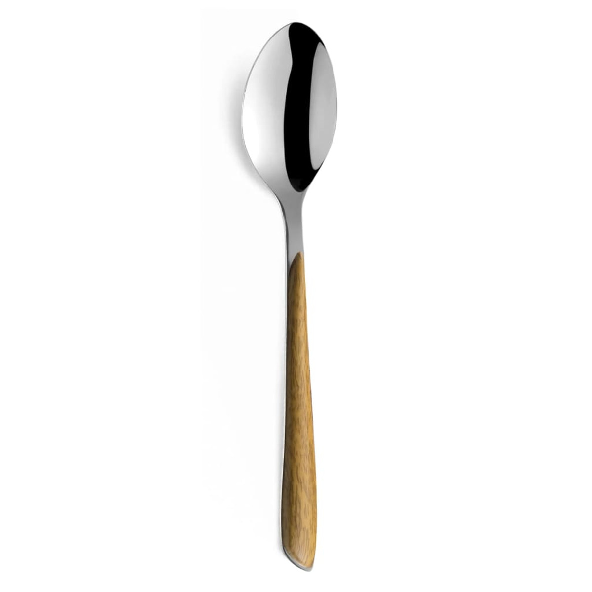 Ein silberner Löffel mit Holzgriff, präsentiert auf einer weißen Oberfläche.