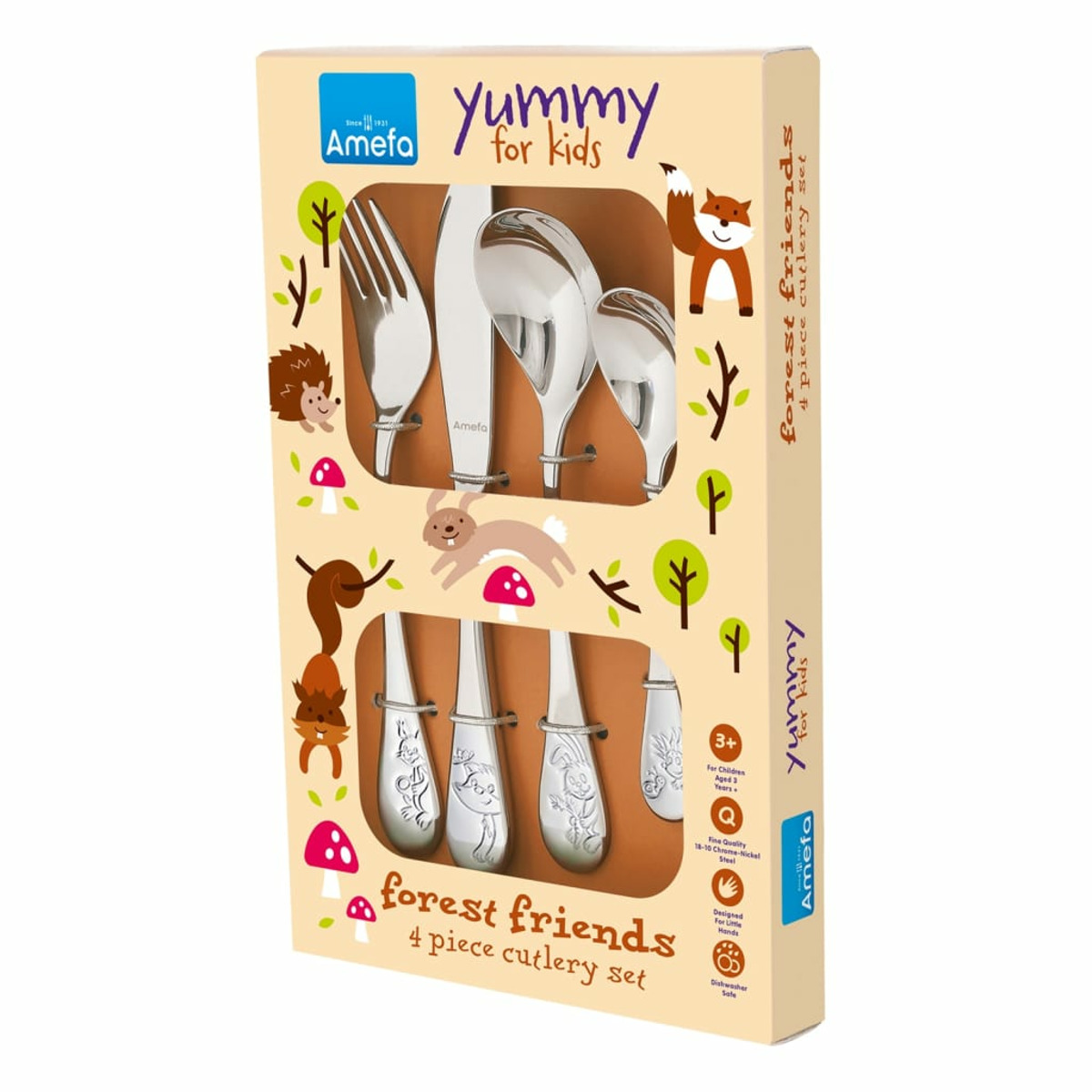 Eine Schachtel mit Kinderbesteck. Die Schachtel hat ein Fuchs- und Eichhörnchen-Design mit dem Schriftzug "Yummy for kids".