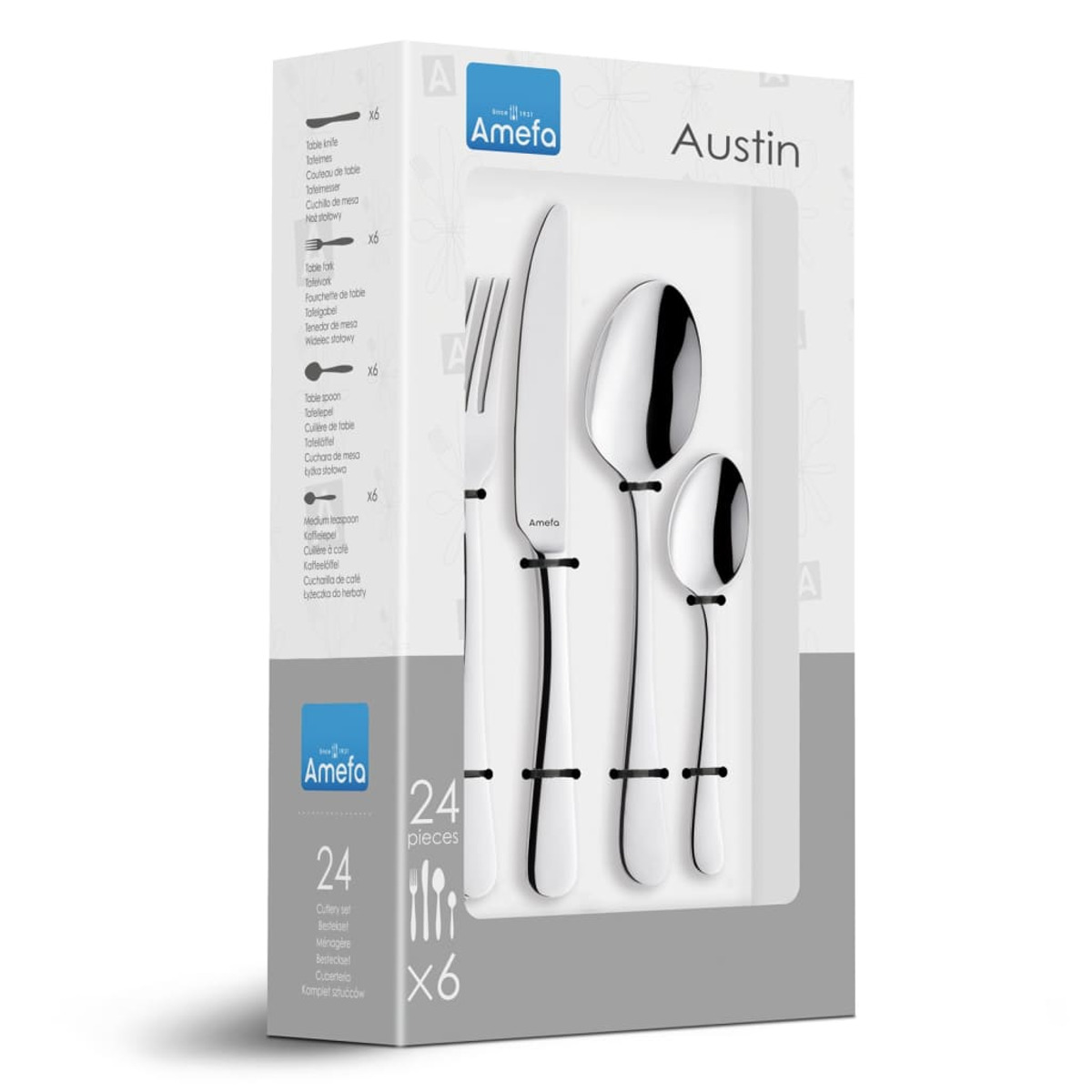 Amefa Austin Besteckset in einer Box. Enthält Messer, Gabel, Löffel und Teelöffel.
