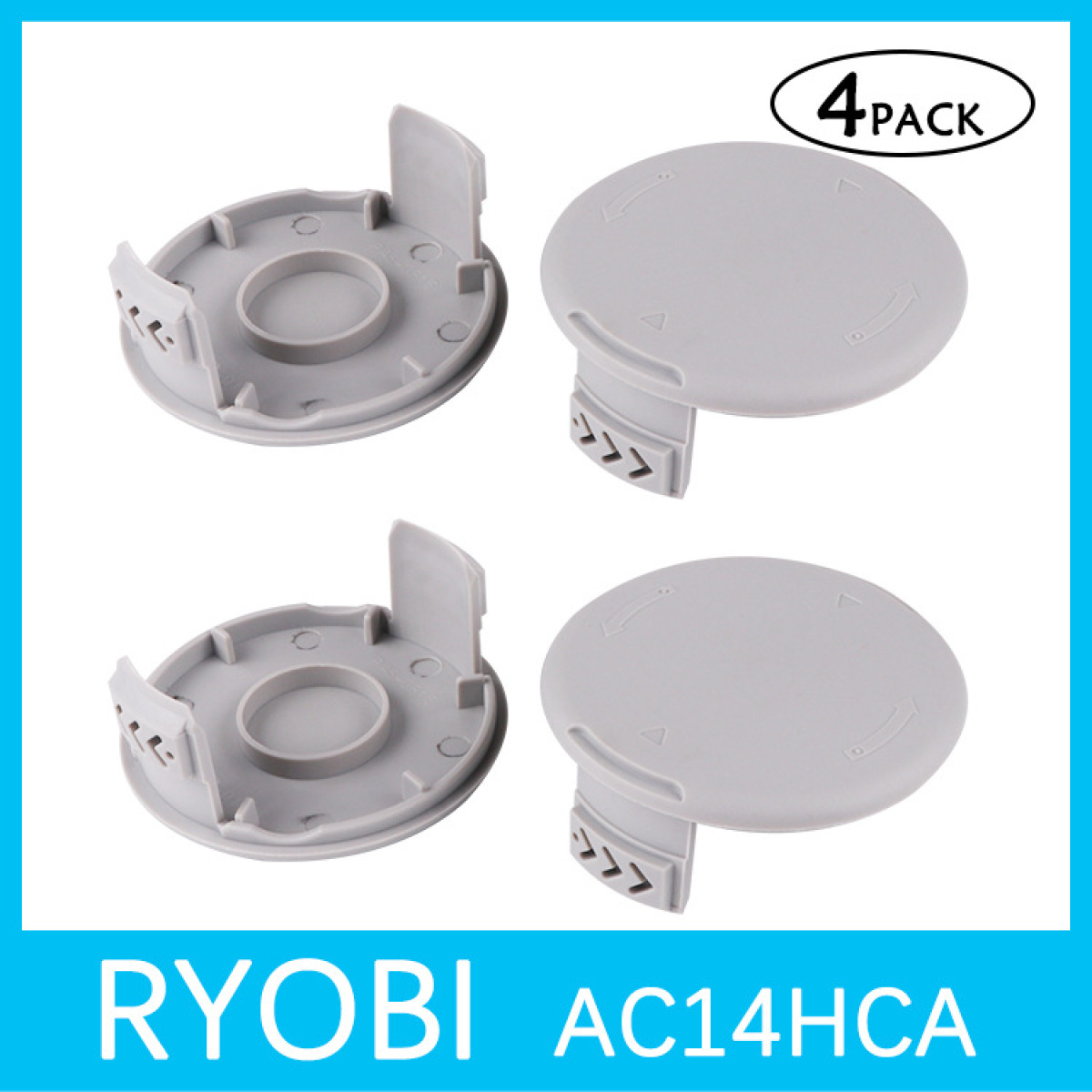 Vier graue RYOBI AC14HCA Trimmer-Spulenkappen. Verpackt mit dem Text '4er Pack'.
