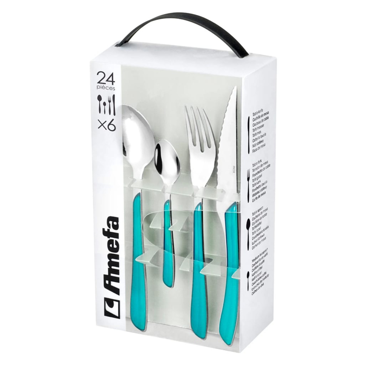 Eine Besteckbox mit türkisfarbenen Griffen, enthaltend Löffel, Gabeln und Messer. Weißer Hintergrund.