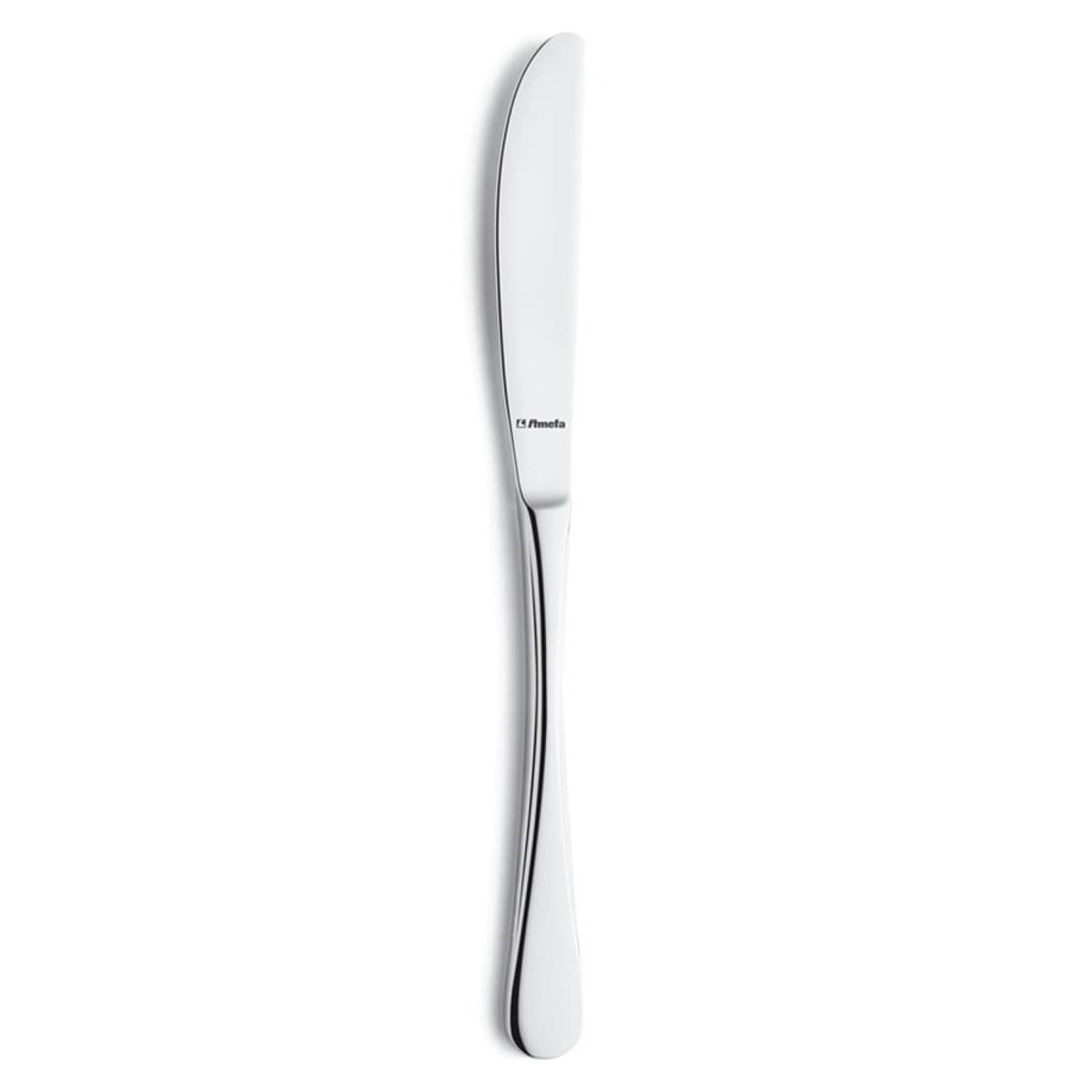 Ein Buttermesser. Edelstahl mit gebogener Klinge und langem, schlankem Griff.