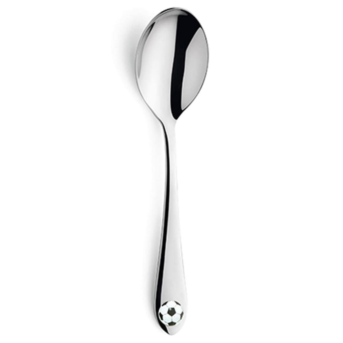 Un cucchiaio d'argento con un piccolo design a pallone da calcio alla base del manico.