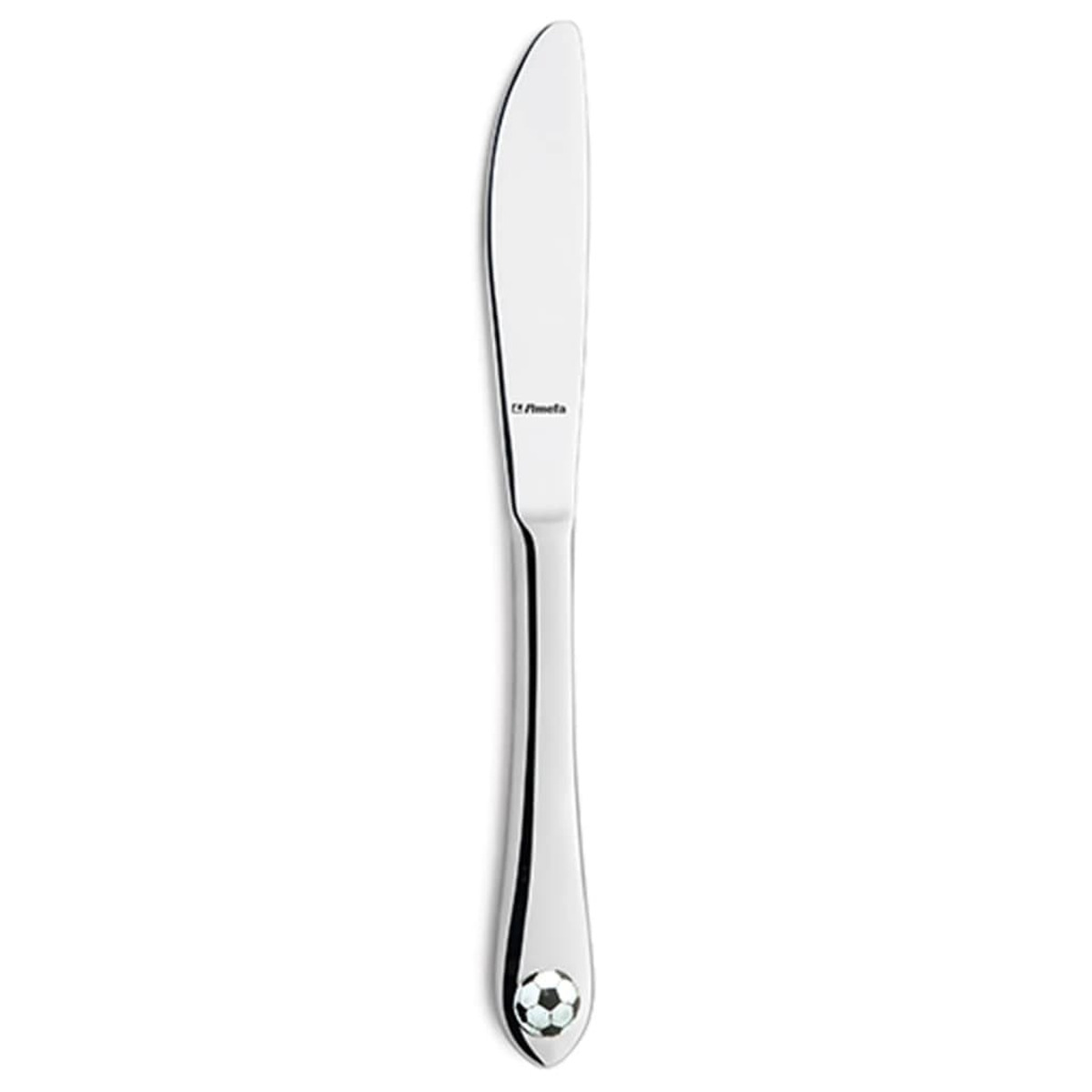 Coltello da burro, acciaio inossidabile, con un design a pallone da calcio sull'estremità del manico.