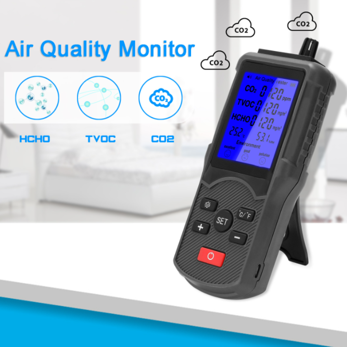 ENBAOXIN Luftqualitätstester - LCD-Display, CO2/Temperatur- und Luftfeuchtigkeitsmessung Luftqualitätsmonitor