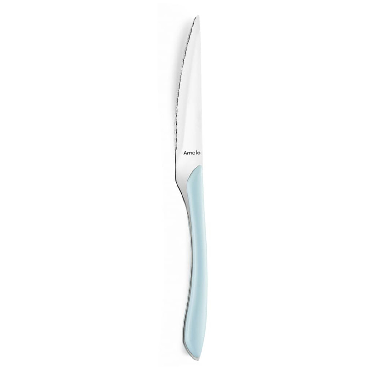 Messer mit hellblauem Griff und silberner Klinge, Markenname "Amefa" sichtbar.