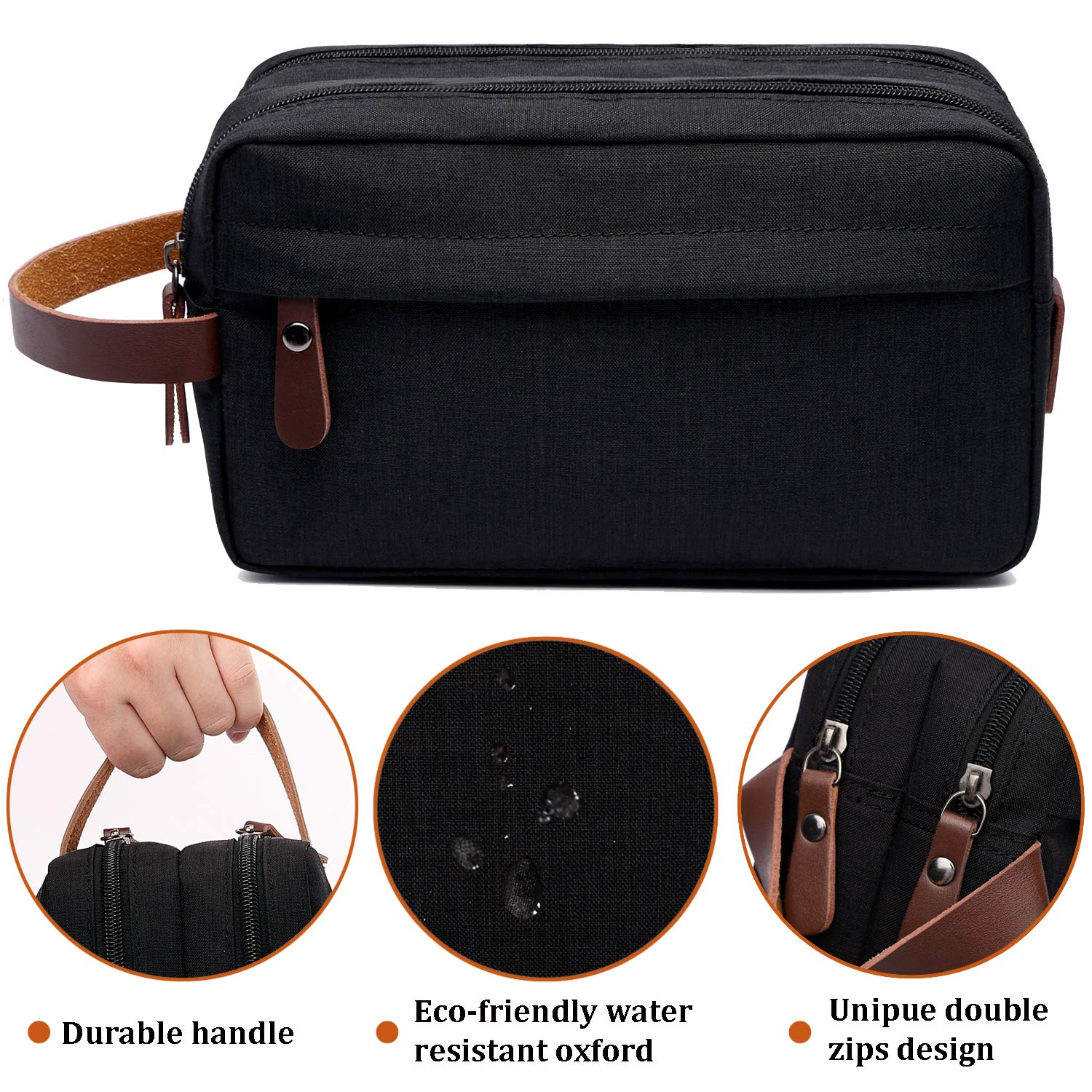 Trousse de toilette noire avec poignée et fermetures éclair marron. Montre les détails de la poignée, du matériau et des fermetures éclair.