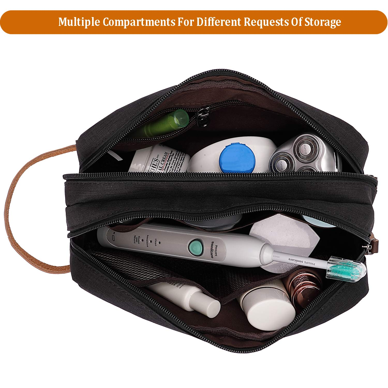 Trousse de toilette noire ouverte, remplie d'articles : brosse à dents, rasoir, crème et plus encore.