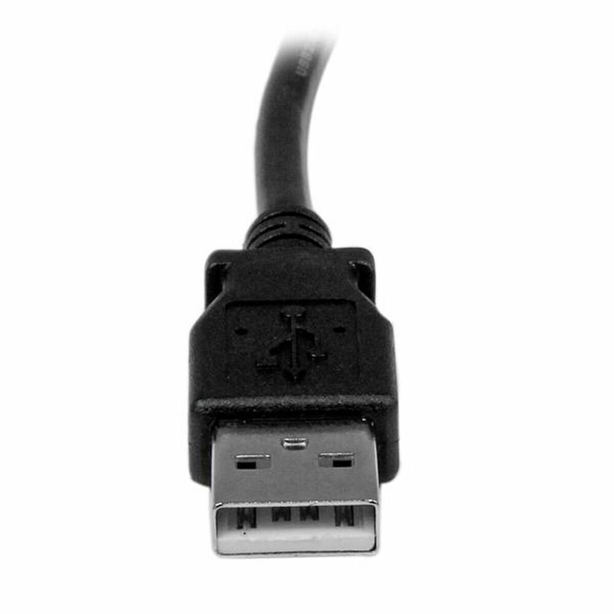 Een zwarte USB-kabelconnector, met de USB-stekker naar de kijker gericht.