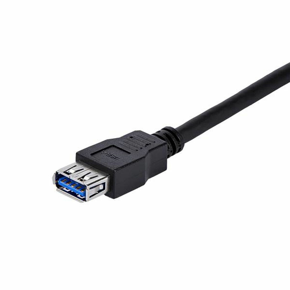 Een zwarte USB-kabel met een USB-A-connector. De connector heeft blauw plastic vanbinnen.