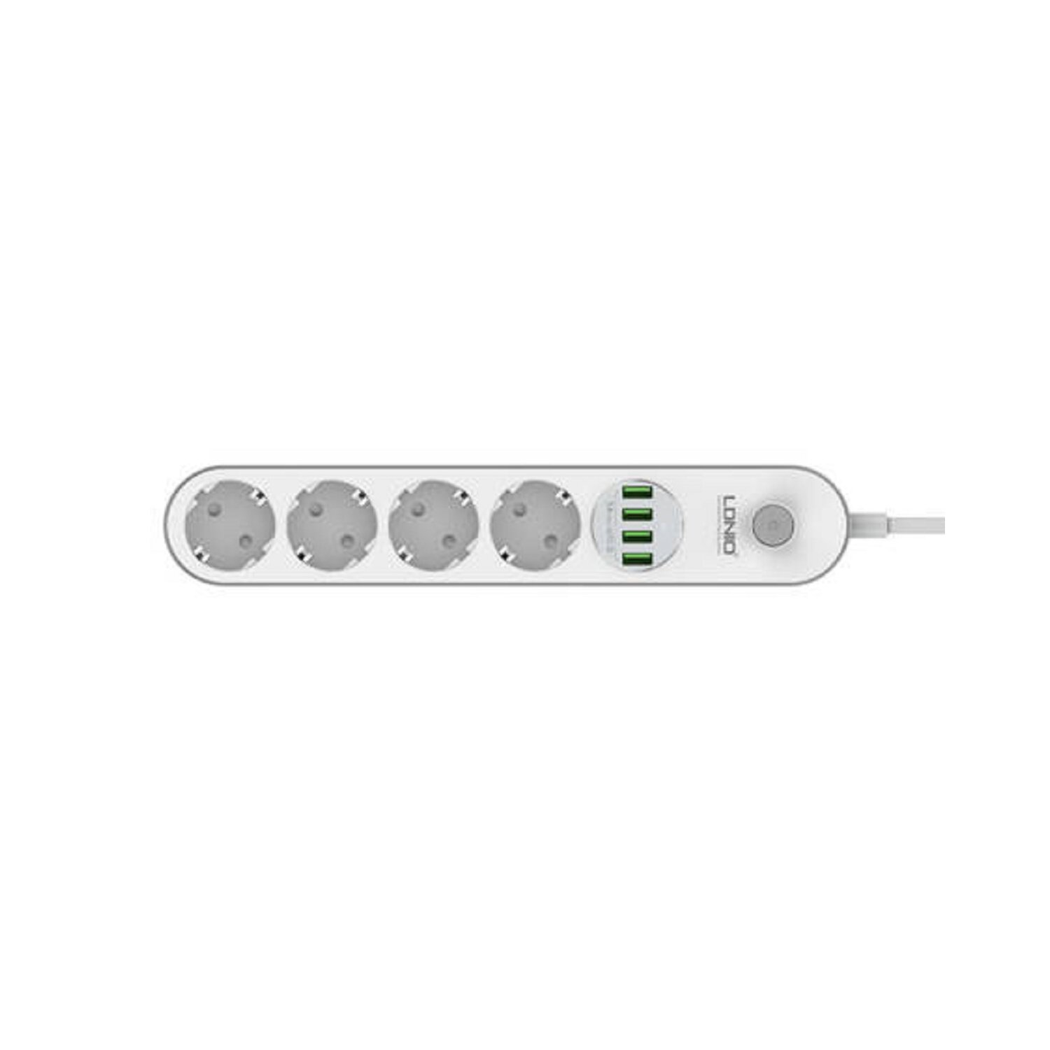 Weiß-graue Steckdosenleiste mit fünf Steckdosen, vier USB-Anschlüssen und einem Ein-/Ausschalter.