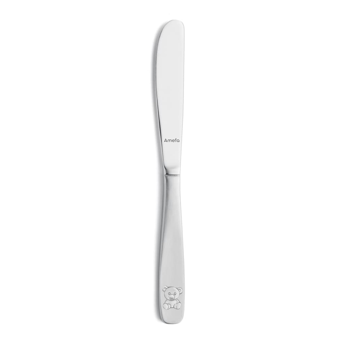 Ein silbernes Buttermesser mit Teddybären-Design am Griff, vor weißem Hintergrund.