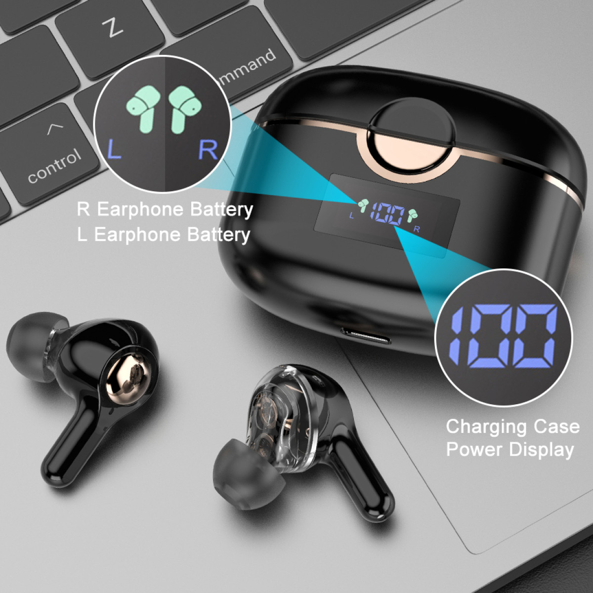 Zwarte draadloze oordopjes en oplaadcase met een display dat het batterijpercentage toont.